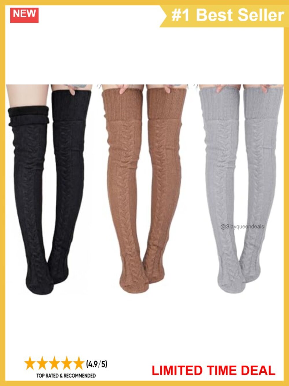 Women Fleece Lined Thigh High Cable Knit Over Knee Winter Socks 3 Pair
